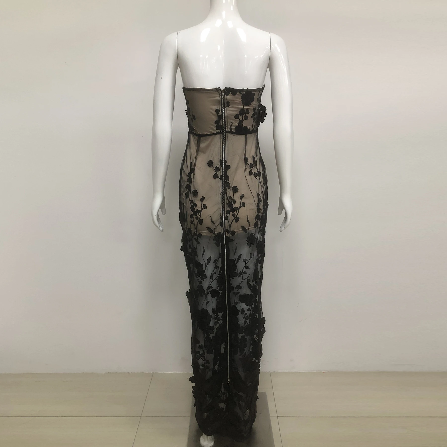Sheer Floral Lace Tube Long Dress – Sexy Strapless Black See-Through Mesh Gown for Evening & Party