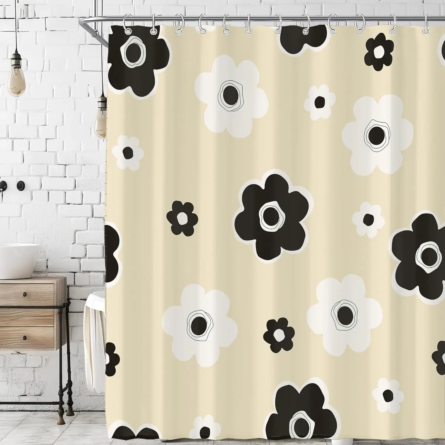 

Современная цветочная занавеска для душа, бежевый фон, черно-белые цветы, декор для ванной комнаты, минималистичный художественный ретро-стиль, набор для ванны для дома