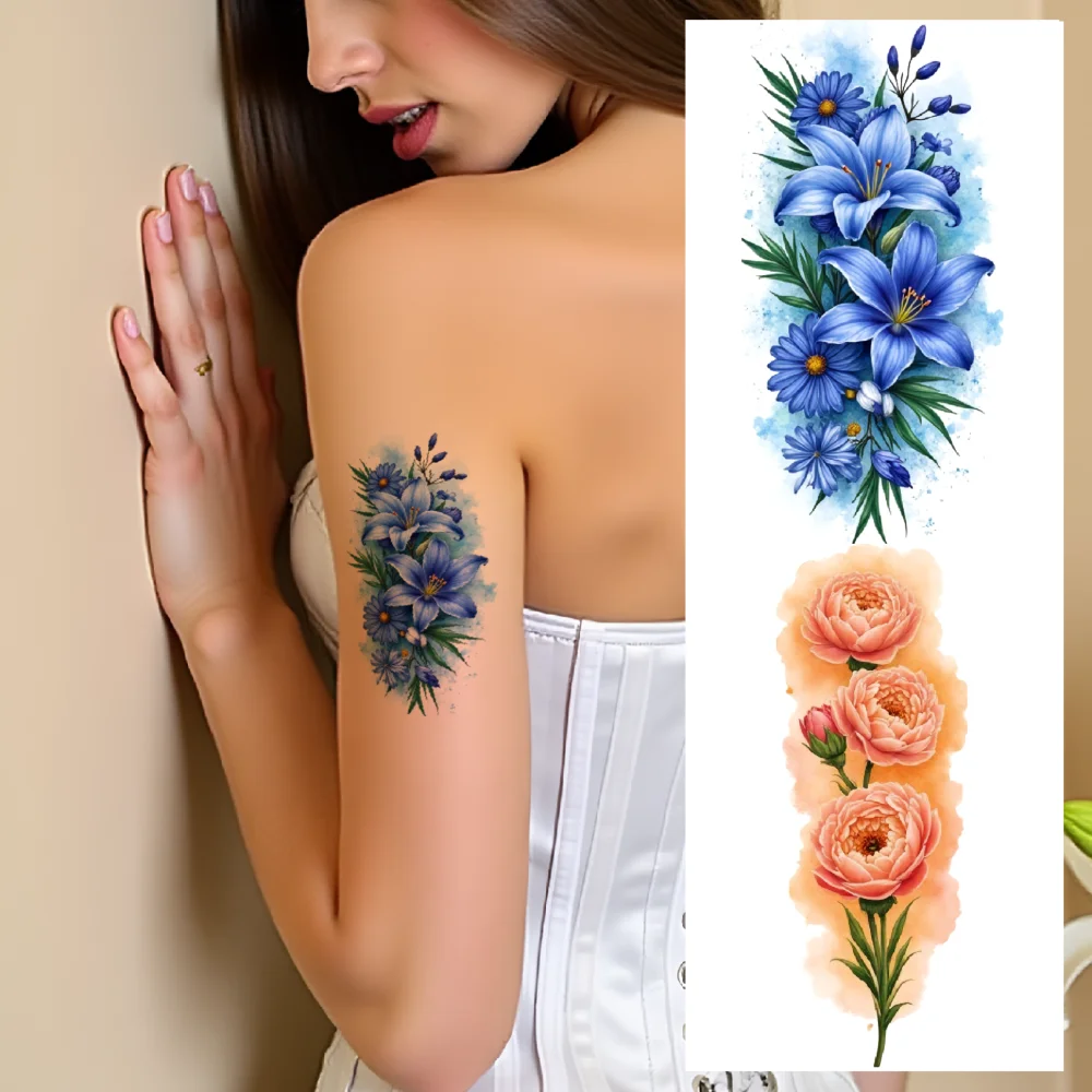 

9pcs Temporary Tattoo Iris Waterproof Long-lasting Body Stickers Orchid Hibiscus Realistic Temporary Tattoos Hydrangea For