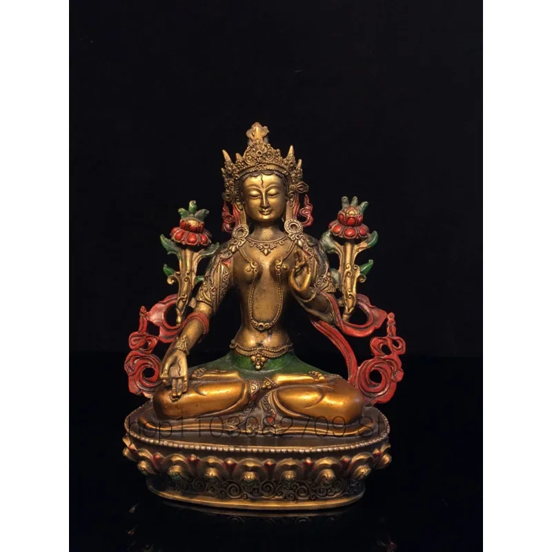 

20cm Nepalese Tibetan Pure Copper Gilded Gold Painted Green Tara Guanyin Bodhisattva Ornament