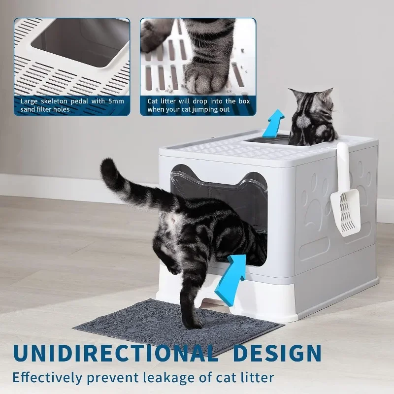 Cat Litter Box with Mat and Scoop, Large Foldable Lid, Front Entry Top Exit Kitty Box, Odor Control Easy Clean (Grey)