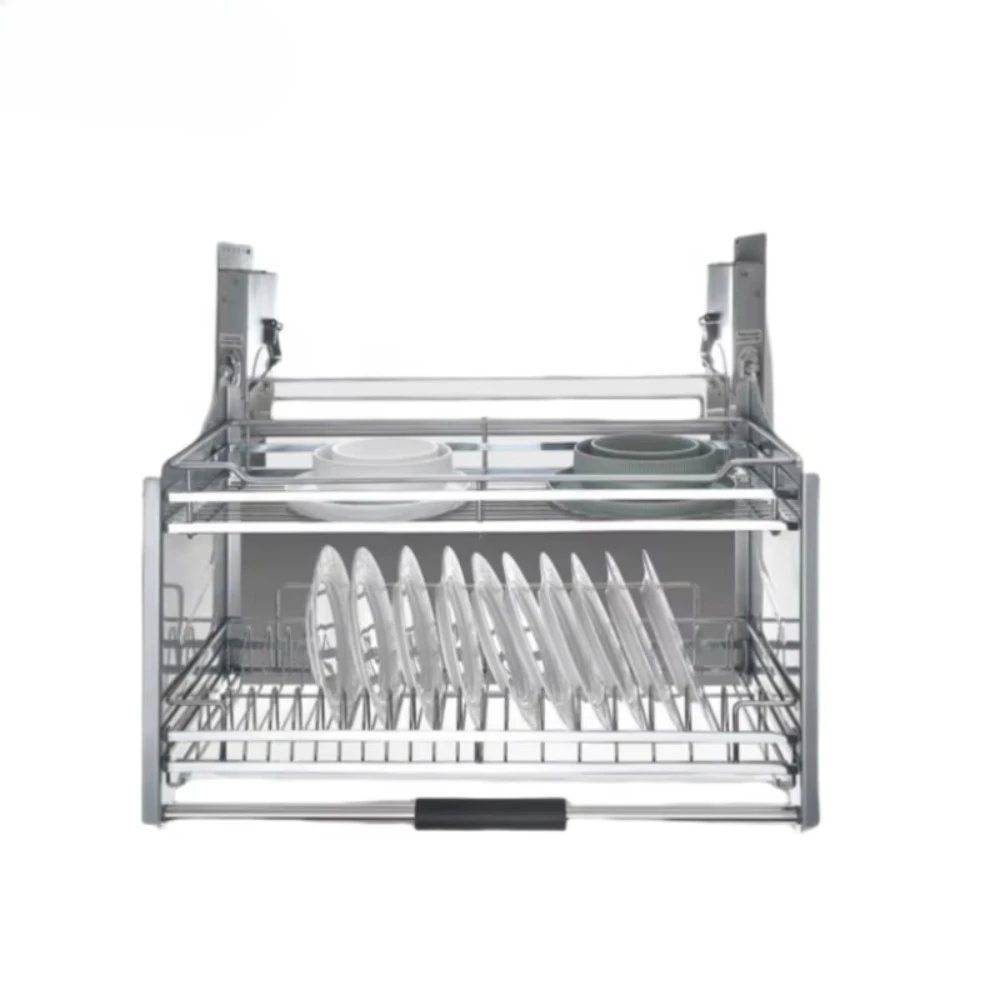 Modern Double Layer Stainless Steel Wire Elevator Lift Plate, Kitchen Cabinet Hardware Storage Rack Accessories
