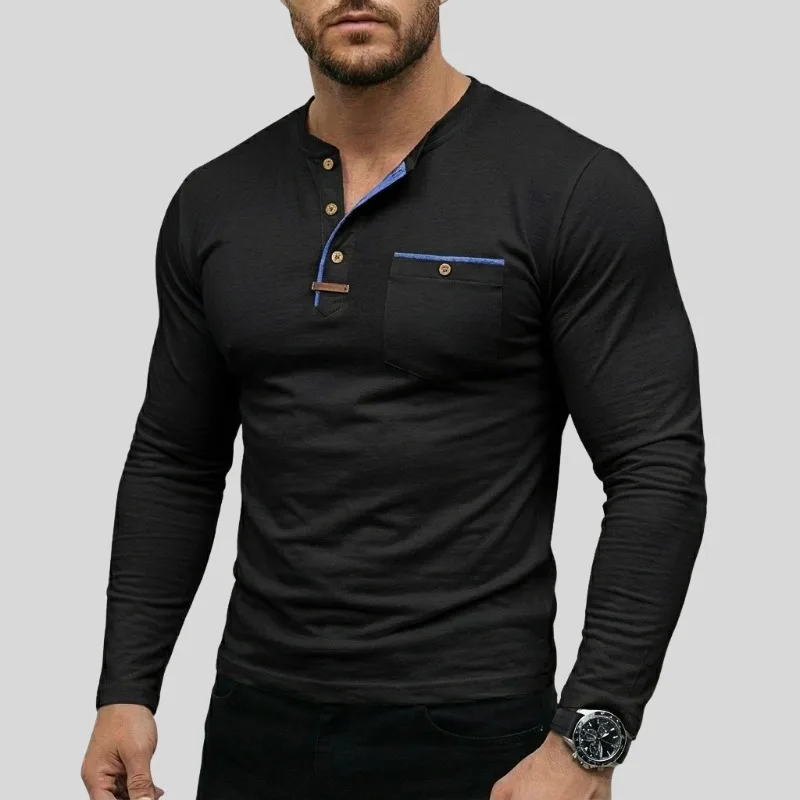 

Long Sleeve Henley Tshirt For Men Crew Neck Tee Tops American European Clothing