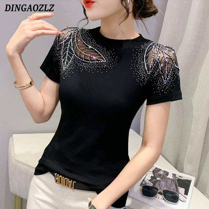 

European Clothes Short Sleeve Women T Shirt Round Neck Patchwork Mesh Diamond Tops Fashion Slim Summer Casual Shirt