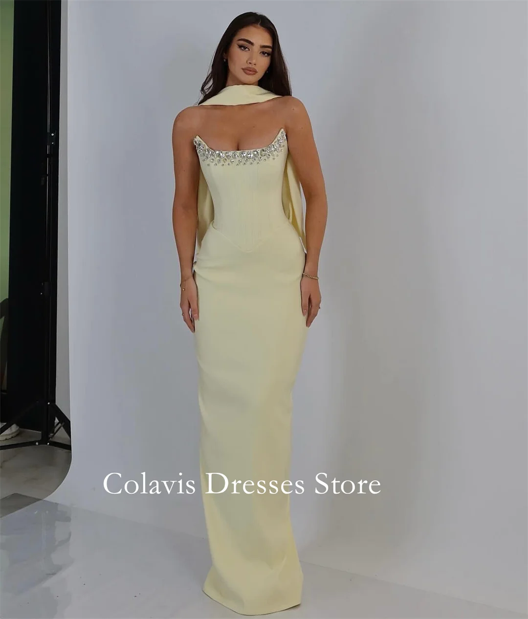 

2025 Strapless Customized Yellow Prom Dresses Evening Dress Crystals Mermaid Floor Length Women Evening Gowns Formal Party Dress