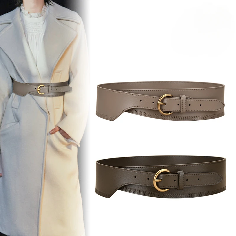 

Retro Car Line Design Gold Pin Buckle Leather Women Waistband Belt Fashion Dress Coat Sweater Cummerbund for Ladies