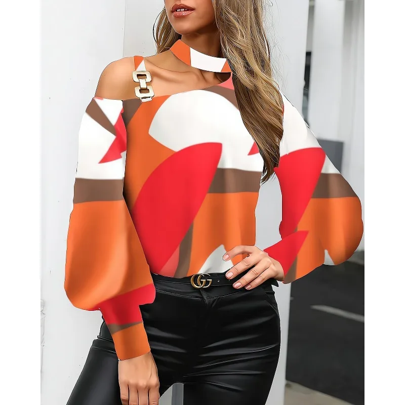 Herbst lässig lange Laterne Ärmel eine Schulter Kette lose T-Shirt Bluse Streetwear elegante Frauen Shirt Top y2k ins Kleidung