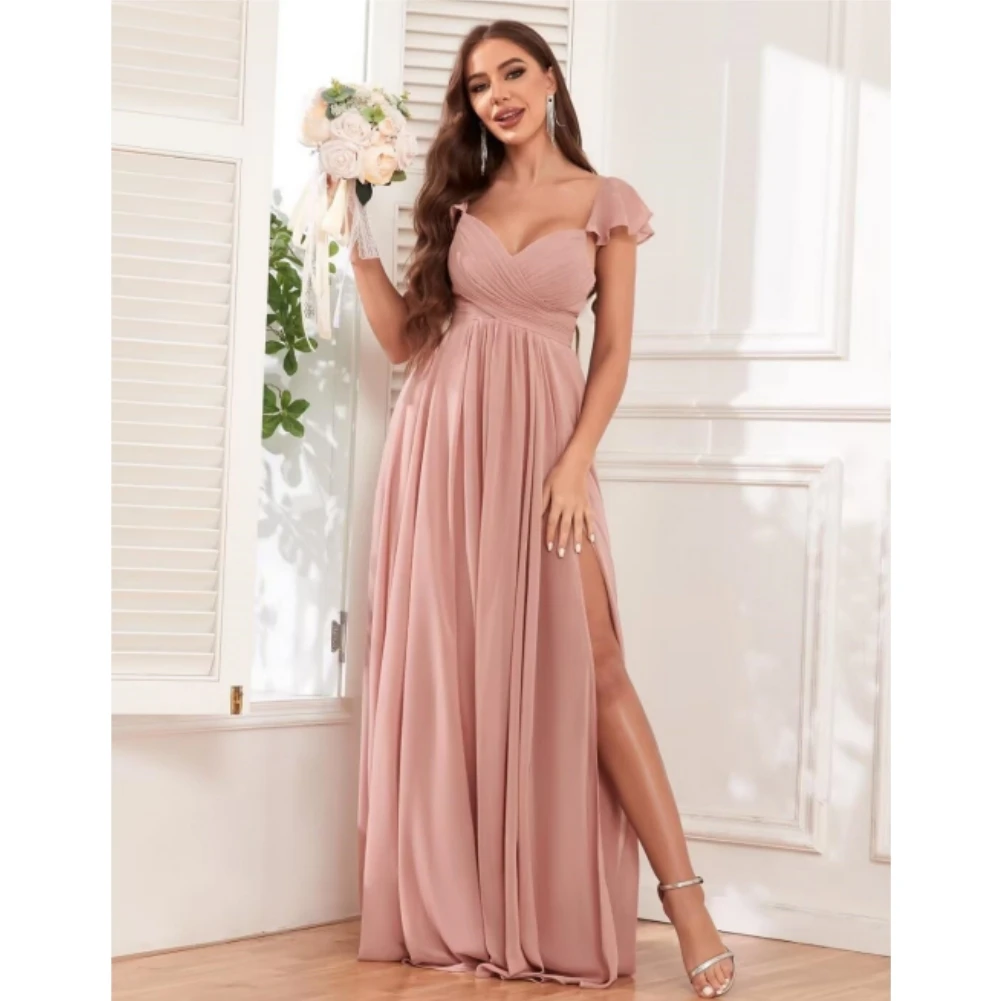 Sweetheart chiffon bruidsmeisjesjurken voor dames ruches geplooide formele galajurk lange avondjurk met zijsplitten en zakken