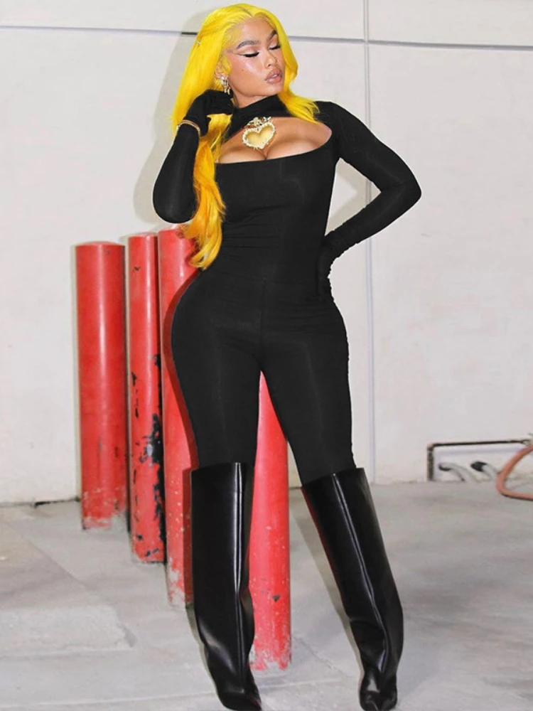 Weiyao-macacão sexy para mulheres, roupas elegantes para dar forma ao corpo, manga longa, com pescoço meio oco, macacões com luvas, Y2K