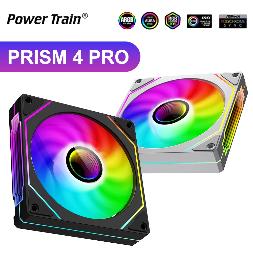

Power Train PRISM 4 PRO Вентилятор для корпуса компьютера 120 мм 5 В 3-контактный ARGB 4-контактный ШИМ охлаждающий вентилятор 12 В Большой объем воздуха 45,2 куб.см/600-1500 об/мин