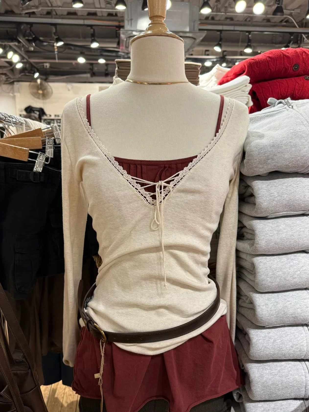 

Bandage Lace Trim Long Sleeve T-shirt Autumn Sexy V-neck Cotton Slim Tshirt Top Female Casual Simple Solid Elegant Woman's Tees