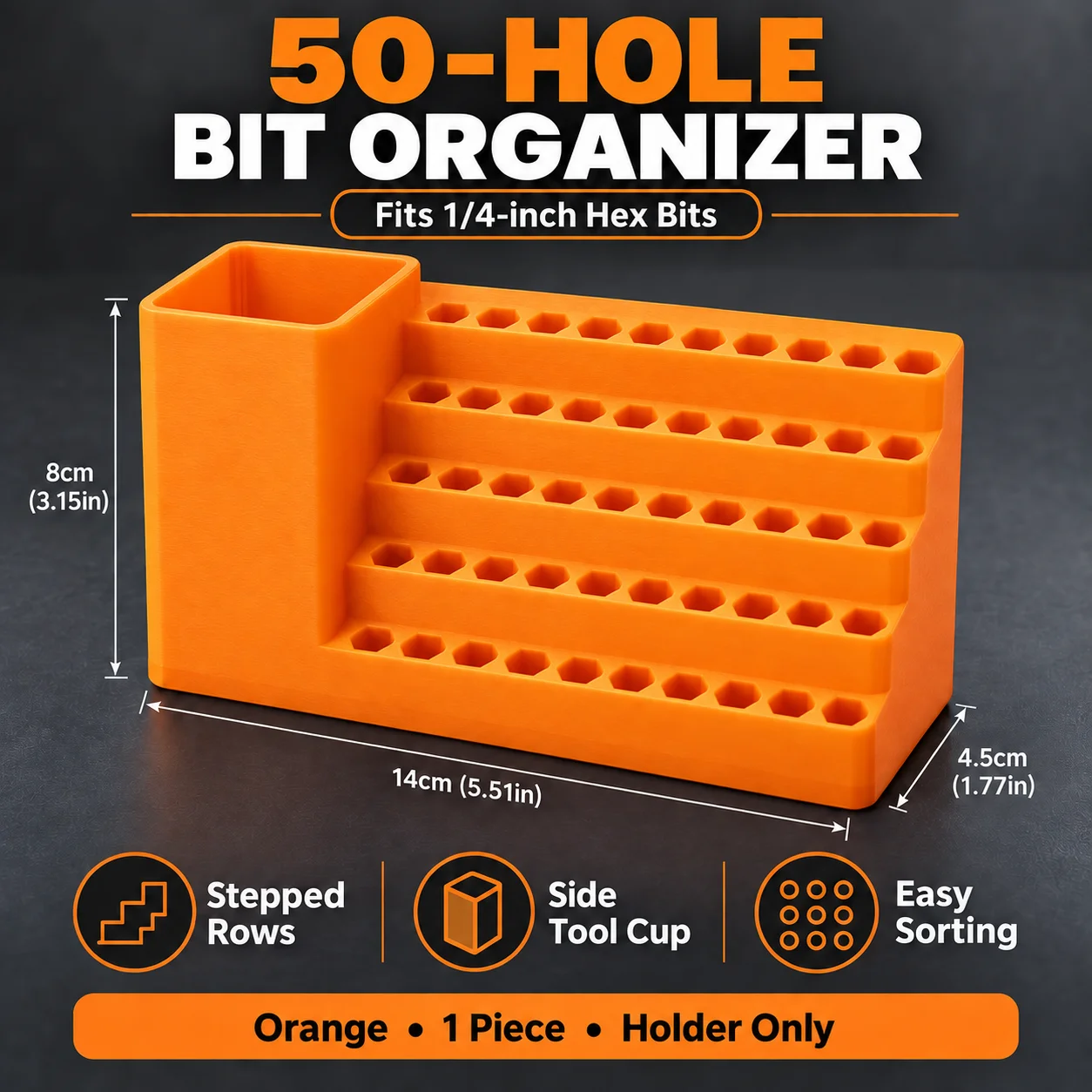 50 Hole Orange Screwdriver Bit Holder 1/4 Inch Hex Bit Organizer Stepped Plastic Storage Rack with Side Tool Cup