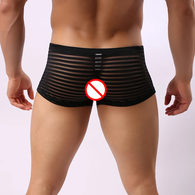 Sexy Mesh Boxer de cintura baixa e transparente cuecas masculinas, cuecas ocas, shorts listras, calcinha da moda