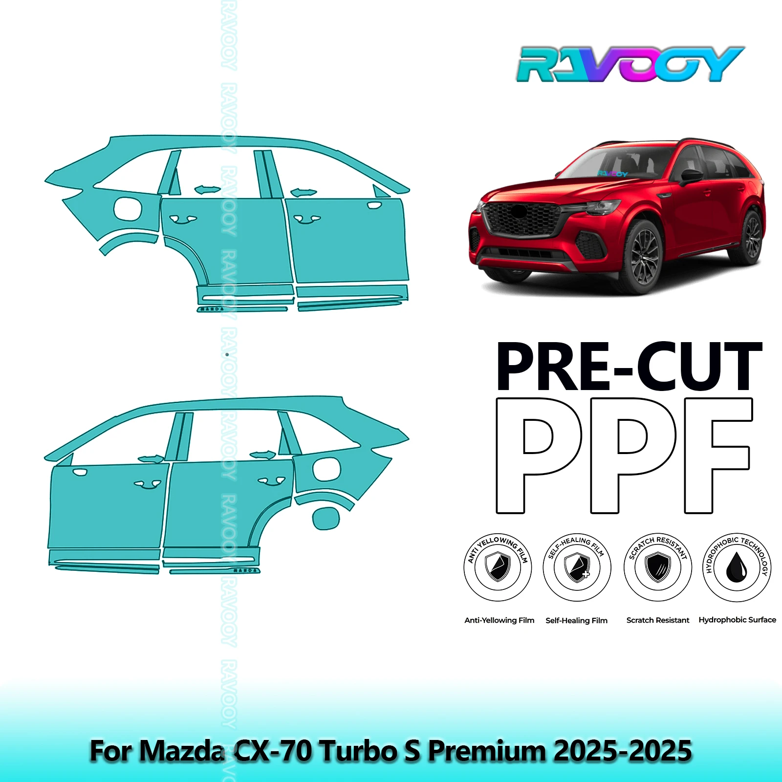 

Для Mazda CX-70 Turbo S Premium 2025-2025 8,5 мил Прозрачный матовый комплект предварительно вырезанных дверей PPF и стоек A/B Набор защитных пленки для краски из ТПУ