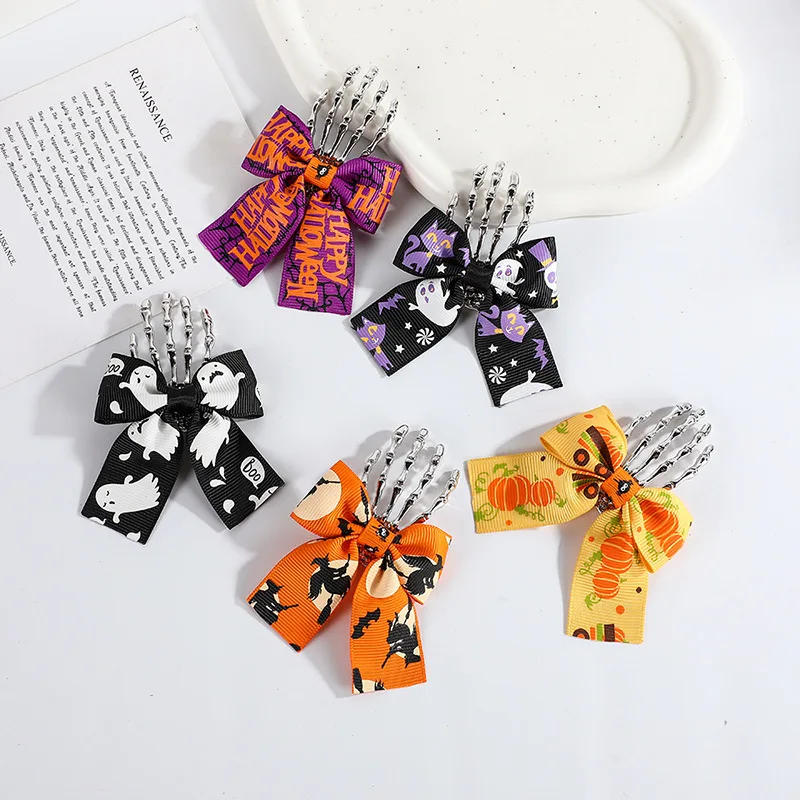 1pc New Halloween Skeleton Ghost Hand Hairpin Female Ghost Pumpkin Witch Personalized Butterfly Bow Hair Edge Clip