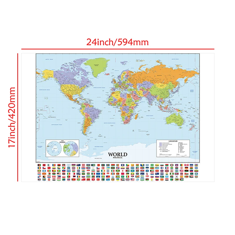 Peinture sur toile de la carte du monde avec drapeaux de pays, affiche d'art mural, fournitures scolaires de voyage, salon, décoration d'intérieur, 59x42cm