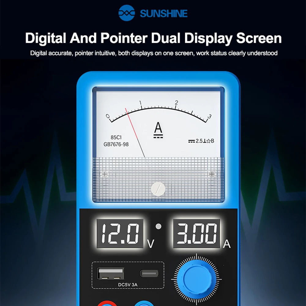 SUNSHINE P5 Mini Smart Power Supply 12V 3A with USB-A/C Ports for Electronic Device Repair Voltage and Current Detection Tool