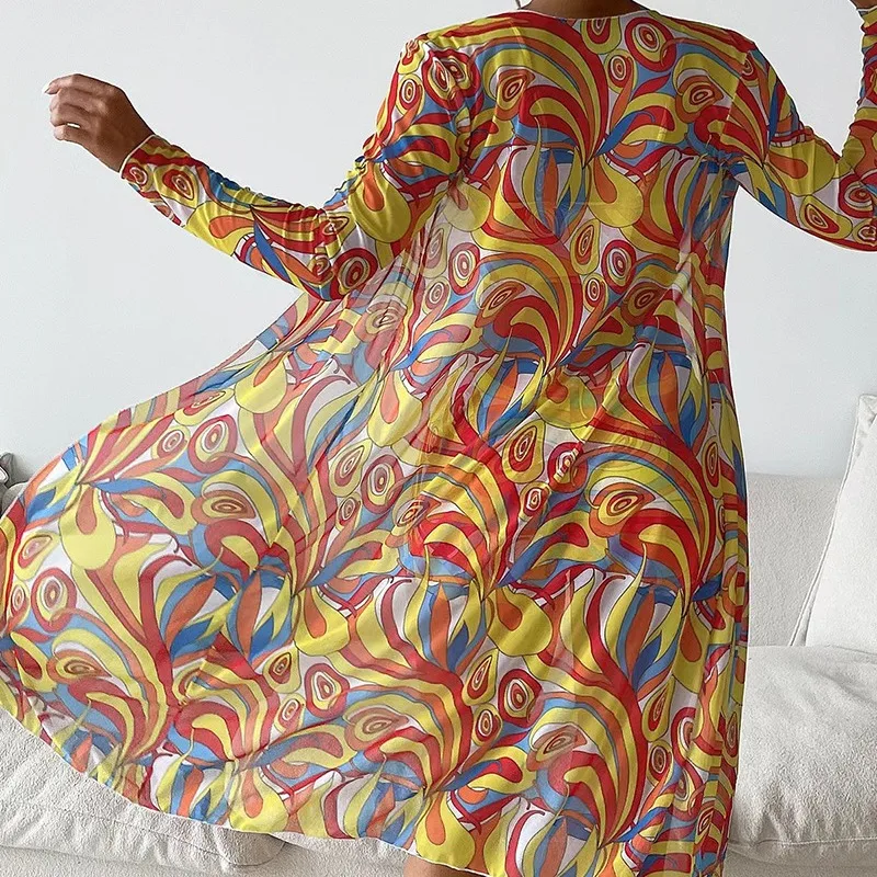 Damski 3-częściowy zestaw odzieży Split Bikini Mesh Długi luźny kardigan Cover Up Biustonosz Szorty Spodnie z nadrukiem