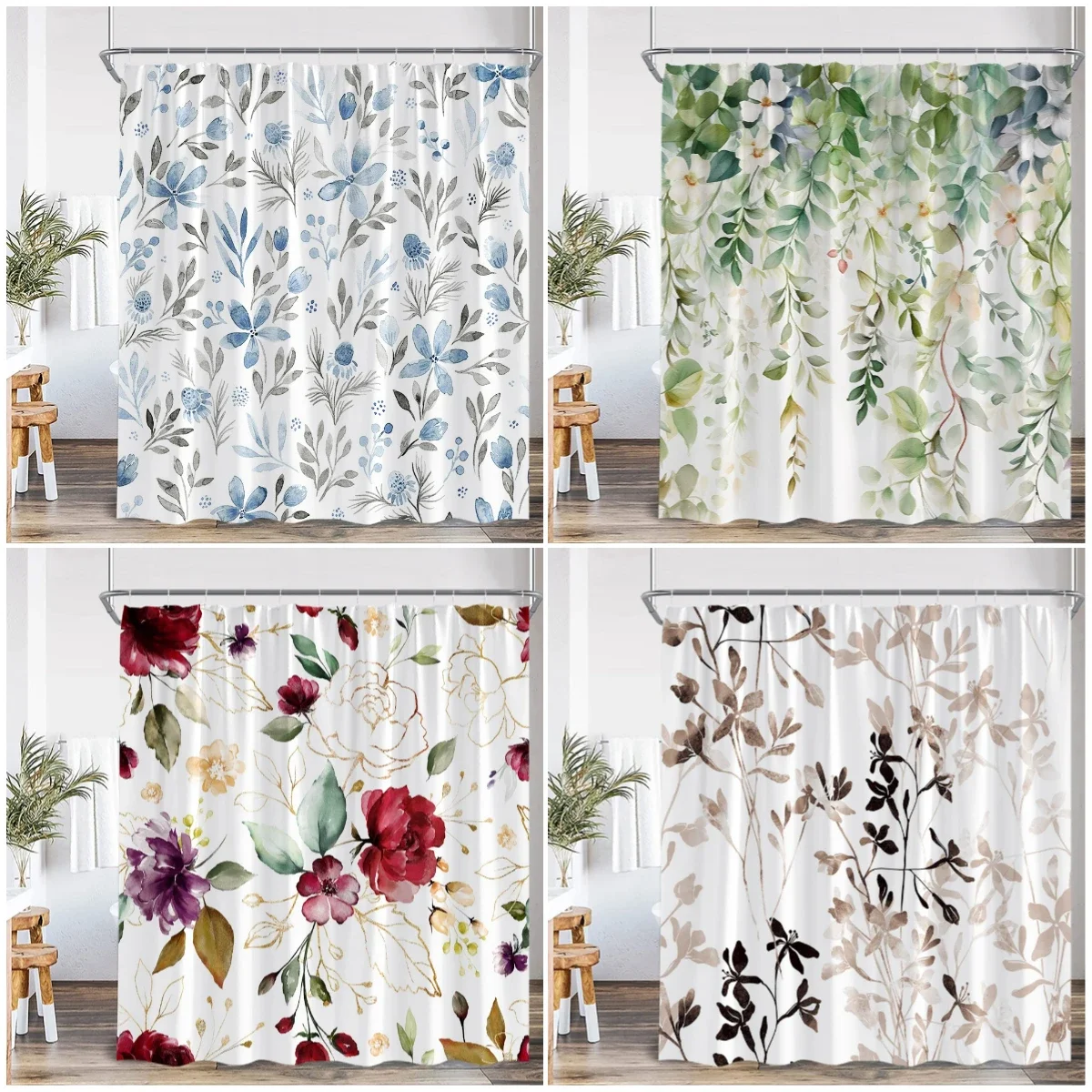 Flowers Watercolor Shower Curtains Colorful Flower Plants Bamboo Greenery Bathroom Decorations Modern Bath Curtain with Hooks