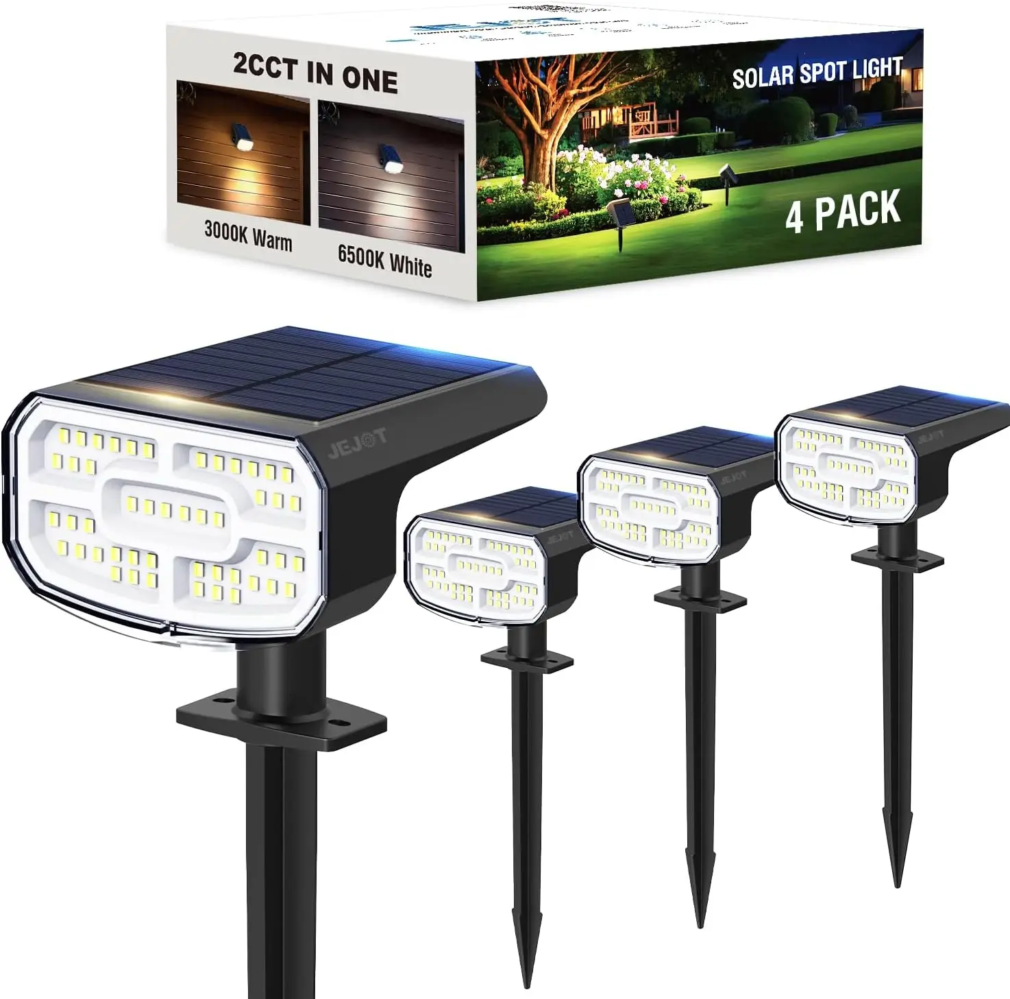 

Solar Spot Lights Outdoor Waterproof IP65,4 Pack,2CCT(3000K/6500K),4 Lighting Modes Selectable, Solar Powered Yard Garden