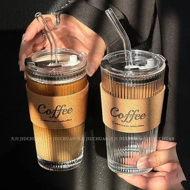 350ml Stripe Coffee Glass Cup Transparent Glass Cup With Lid and Straw Iced Coffee Mug Juice Milk Tea Water Cup Drinkware