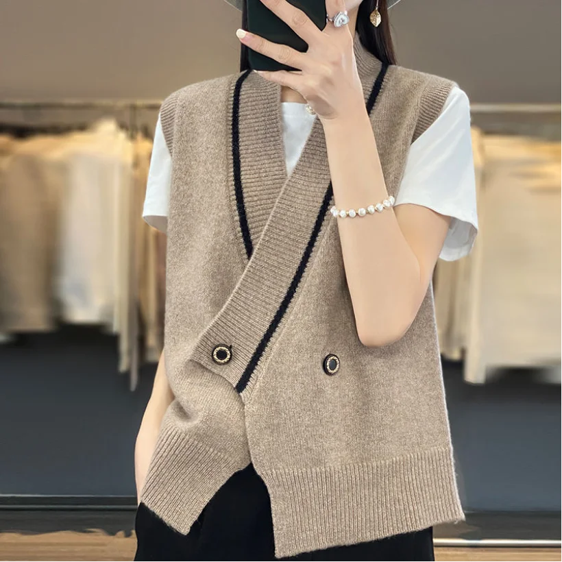 2023 New V-neck Sweater Women\'s Tank Top Knitted Cardigan Loose Spring and Autumn Sweater Coat Sleeveless Tank Top