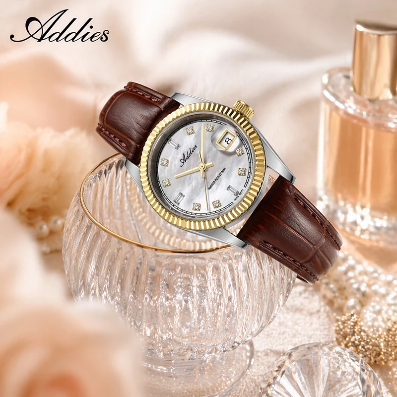 ADDIES Elegant Women's Wristwatch 585 Quartz 316L Stainless Steel Sapphire Glass 50m Waterproof Leather Watches for Woman New
