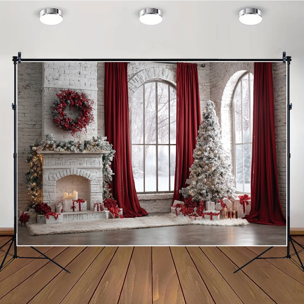 

MOON.QG Background Red Curtains Christmas Room Xmas Trees Backdrops For Photography Wallpaper Decoration Props Photo Booth Wall