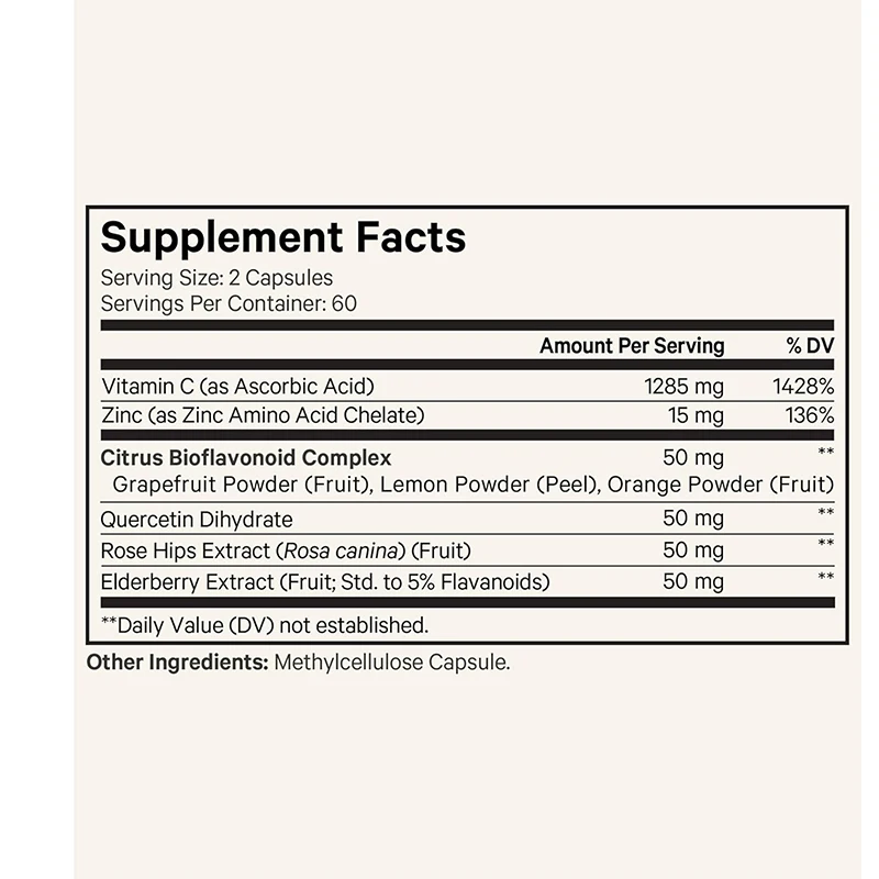 Vitamin C+supplement, Containing Zinc, Bioflavonoids, Quercetin, Rosehip, Elderberry - Vegan, Non GMO, 60 Capsules