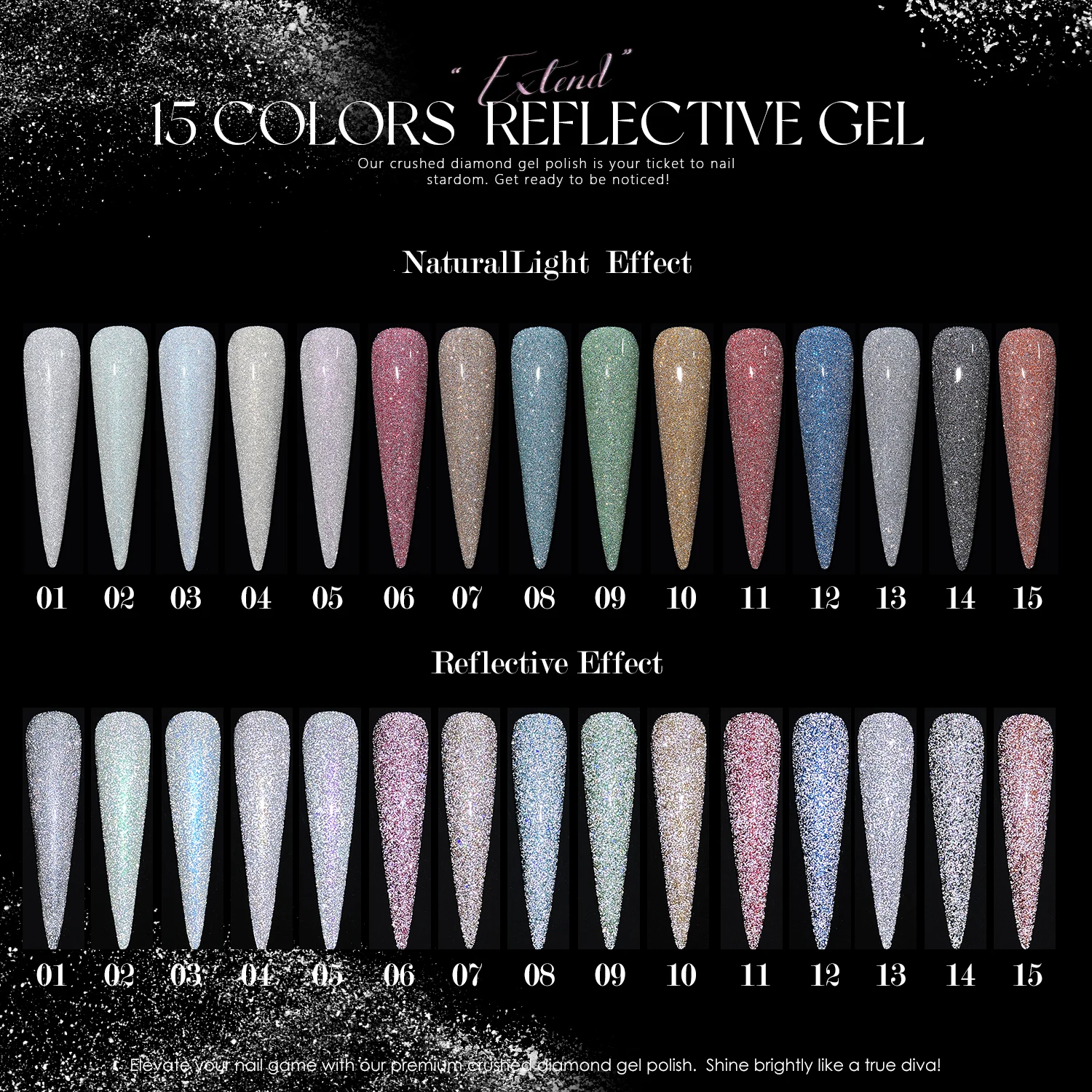 Vendeeni 15colors Reflective Disco Diamond Gel Nail Polish Set Collection FREE HEMA TPO OEM Esmalte Reflective Vernis Gel Polish