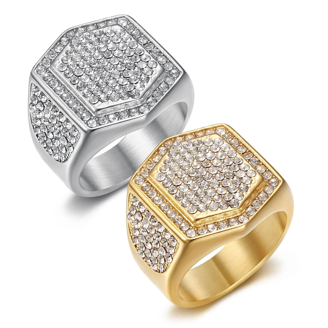 

Men's Hexagon Ring 20mm Chunky Gold Silver Color Stainless Steel Crystal Zirconia Big Rapper Party Rings for Man Hip Hop Jewelry