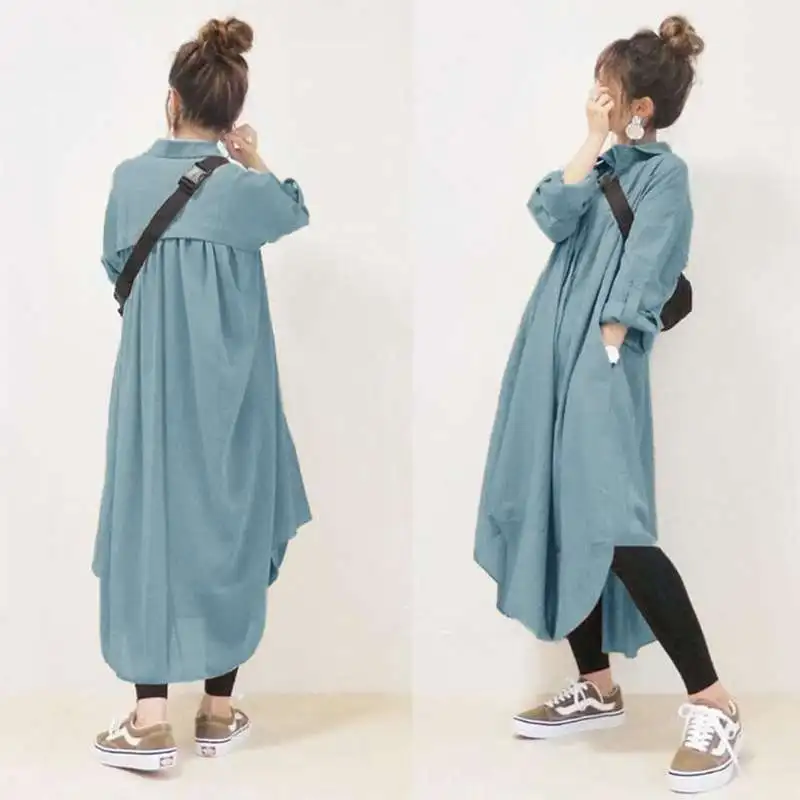 فستان قميص فضفاض بأكمام طويلة من القطن والكتان، ياقة مطوية، جيب جانبي، نمط كاجوال، طول متوسط، تصميم خط A