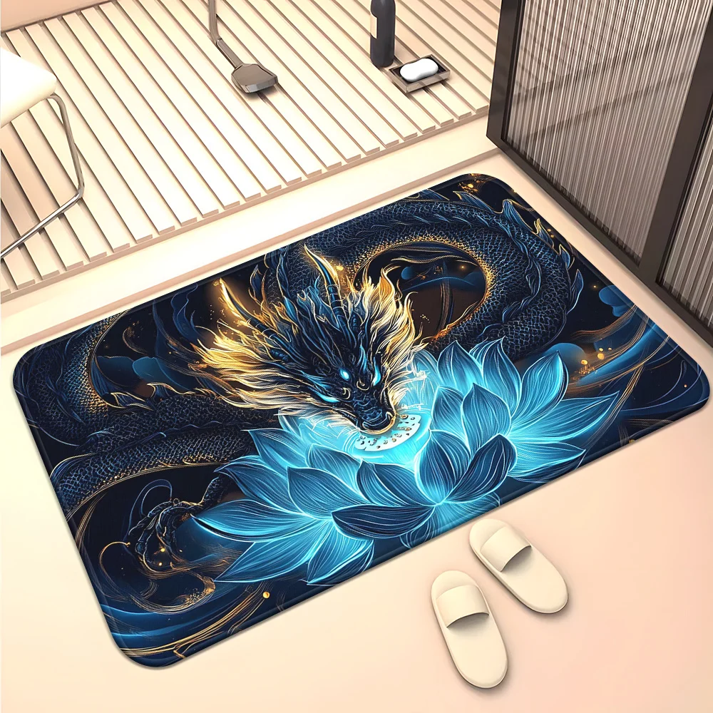 1pc 2D Flat Blue Gold Dragon Lotus Flower Fantasy Flannel Door Mat Non Slip Mythical Art Rug For Entryway Bathroom Floor