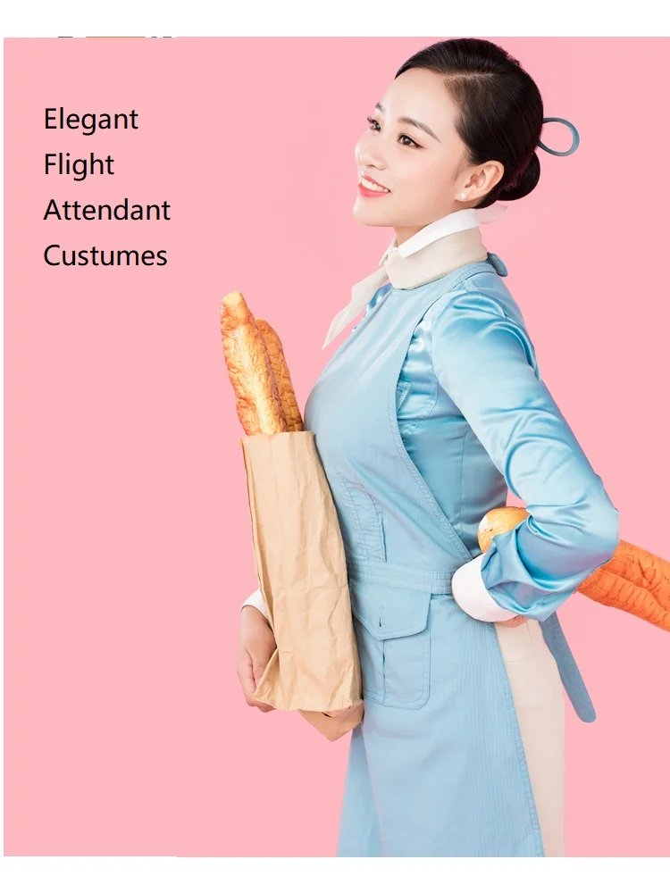 South Korean Flight Attendant Interview Etiquette Suit Costumes Glossy Full Sleeved Shirt Short Sleeved Shirt Skirt Blue Apron