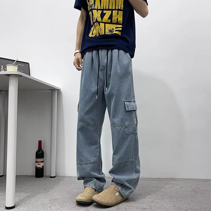 Retro Men's Hip Hop Street Straight Stretch Multi Pocket Baggy Jeans American Style Washed Loose Fit Denim Cargo Pants