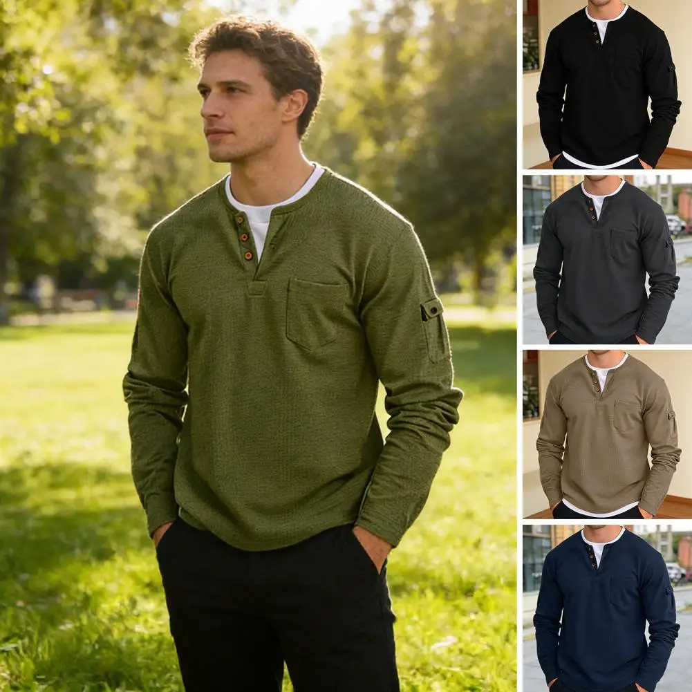 Men's New Button neck Shirt Long Sleeve Casual Button Solid color T-Shirt Fashion Waffle Cotton Fake two-piece T-Shirt