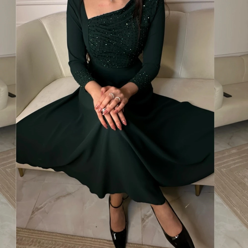 Customized  Evening    Prom Jersey Rhinestone A-line Square Neck Bespoke Occasion Gown Midi Es  Sexy Casual 