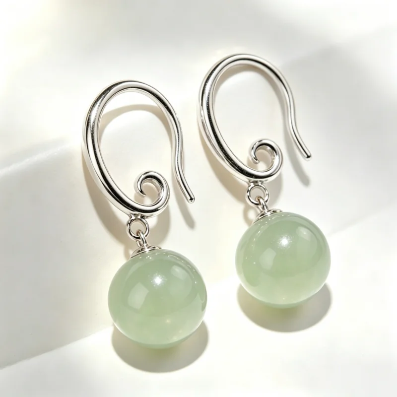 Natural Smooth Green Jade Round Bead Drop Earrings 925 Sterling Silver Spiral Wire Hook Elegant Jewelry For Women Daily Wear
