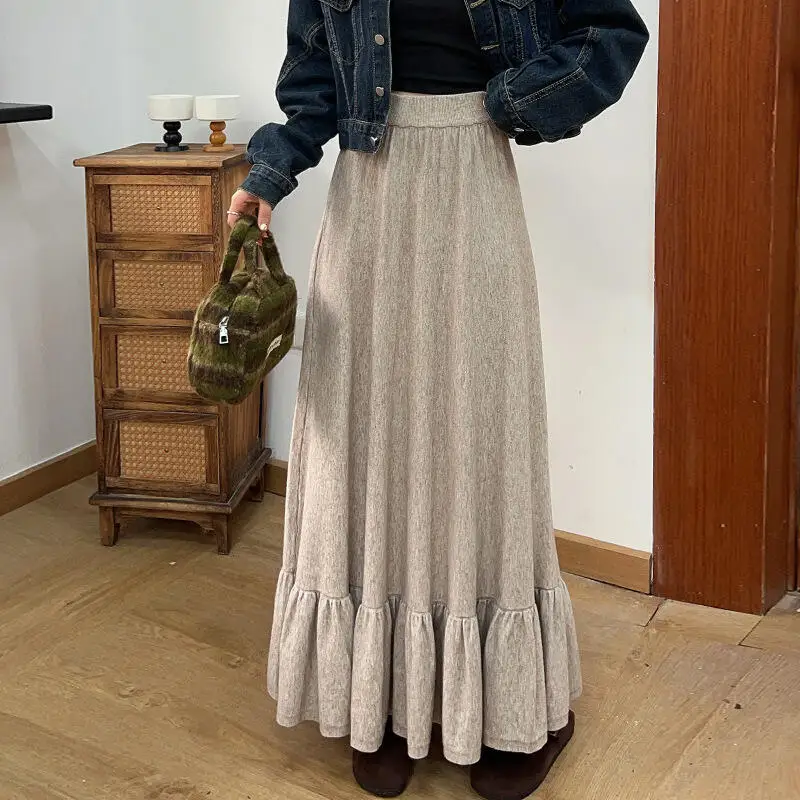 Saia longa de malha feminina outono inverno retro cintura alta versão coreana lazer idade reduzindo borda folha de lótus saia plissada