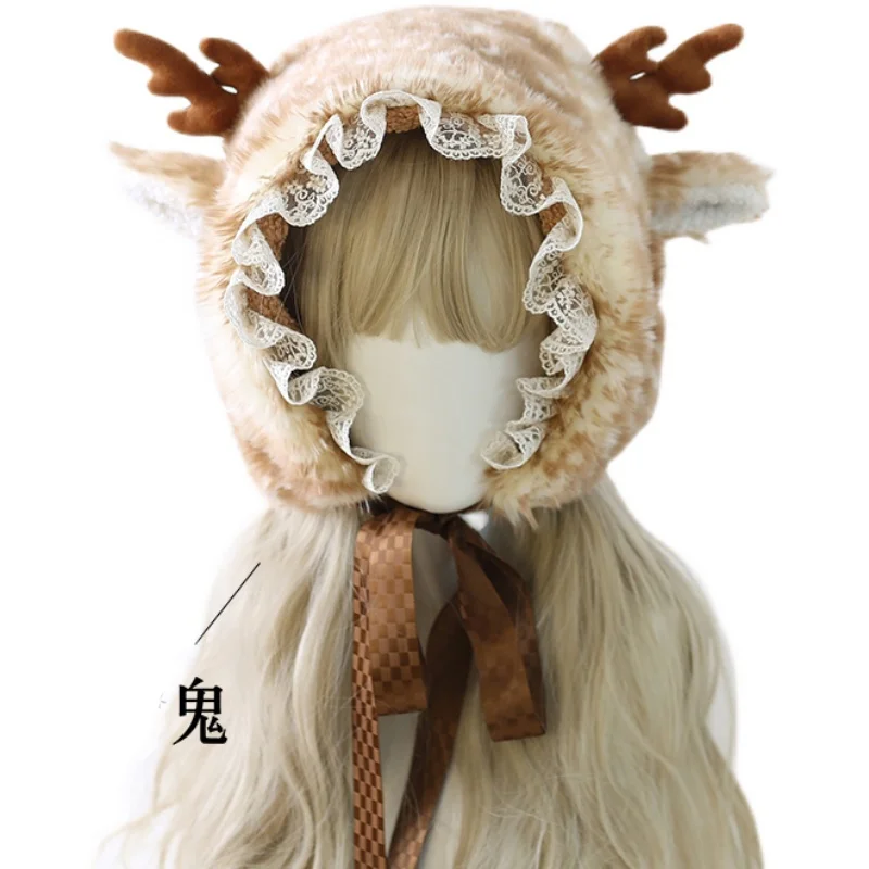 Japanese Sweet Autumn and Winter Lolita Elk Spotted Hat Warm Hair Antlers Cute Ear Hat Soft Sister Winter Velvet Hats for Women