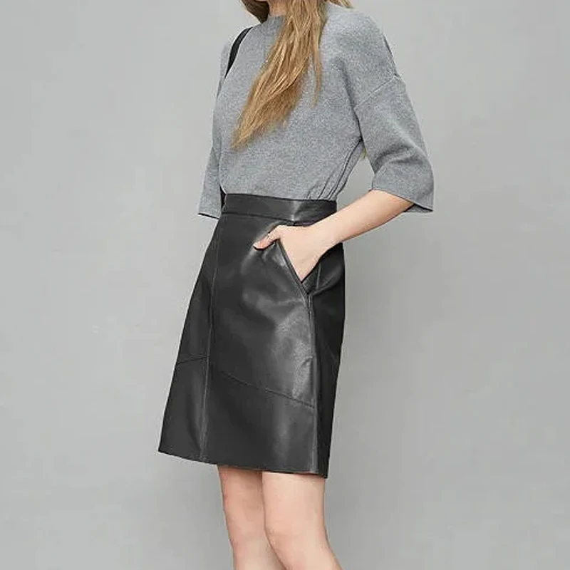 ارتفاع الخصر التنانير الصغيرة النساء أزياء الكورية نمط ألف خط بو الجلود تنورة السيدات الإناث Fladas #5