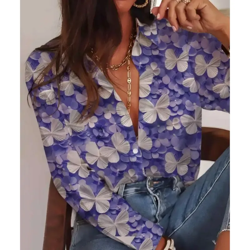 New style womens high-end comfortable shirt with collar and button up floral print pattern street style high-end shirt for women