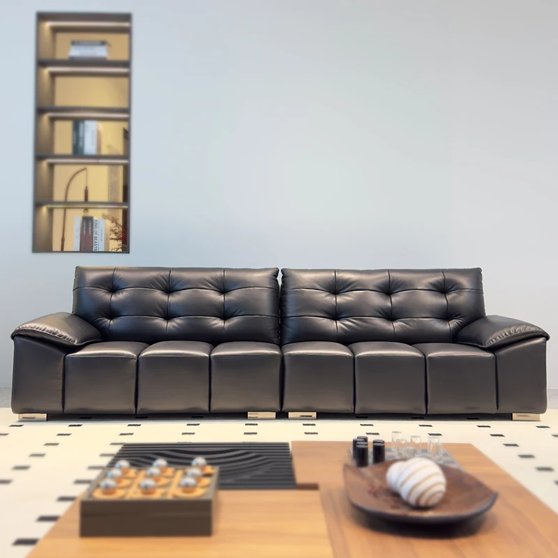 #Living Room with Small Leather Apartment in the Middle and Old Bauhaus Large Seating Deep Straight Line Cowhide Sofa