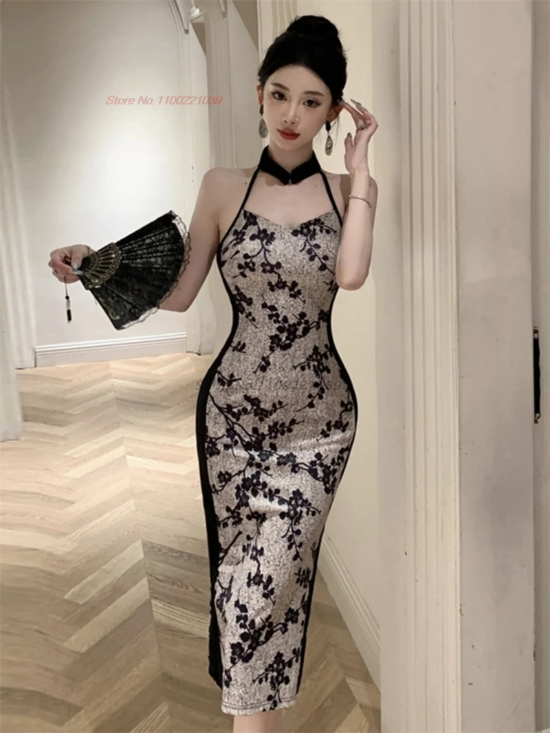 2025, chinesisches sexy Qipao, Vintage-Partykleid, Blumendruck, verbessertes Cheongsam, Nachtclub, Verbandkleid, figurbetontes Damen-Abendkleid