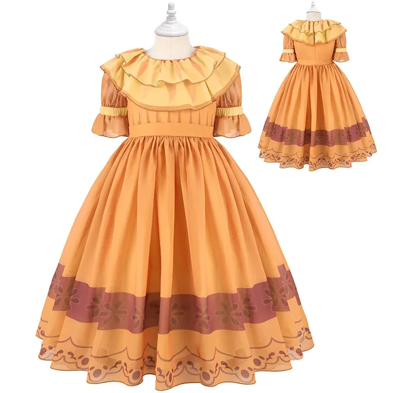 Movie Encanto Madrigal Cosplay Costume Pepa Orange Adult Ruffle Princess Dresses Mirabel Charm Fancy Dress Carnival Gift
