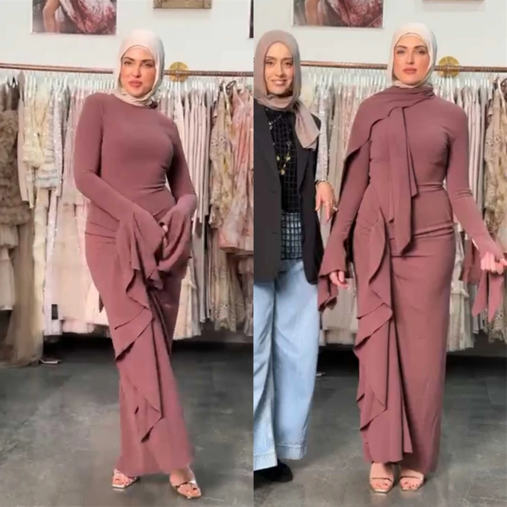 

Customized Delicate brownness Jersey Evening Dress Classic Crew Neck Long Sleeves Cocktail Dress Simple Special Occasion Gowns