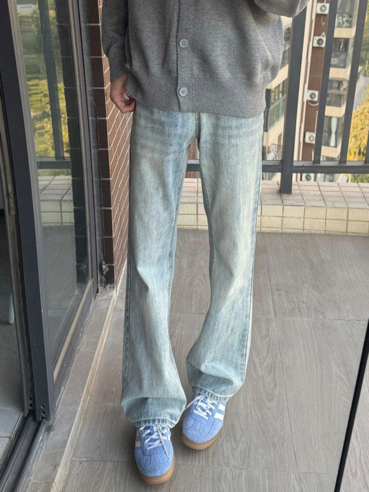 

Bcare Retro Blue Men's Jeans High Street Cleanfit Straight Leg Slimming Tall Knife Pants mid Waist Zipper Closure Cotton...