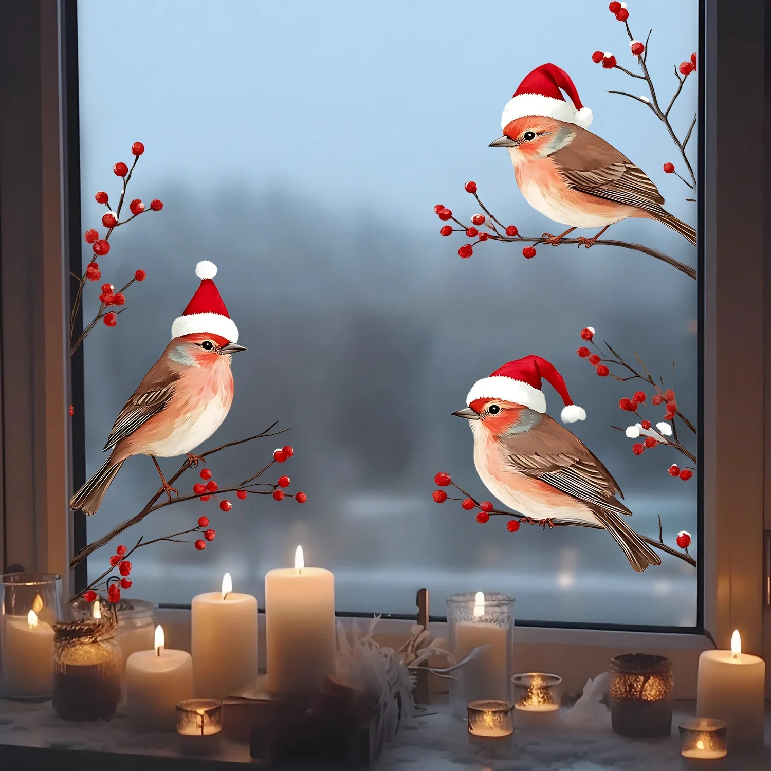1PC Three Birds in Santa Hats Window Stickers Christmas Theme Red Berry Branches Decorative Wall Stickers for Glass and Window