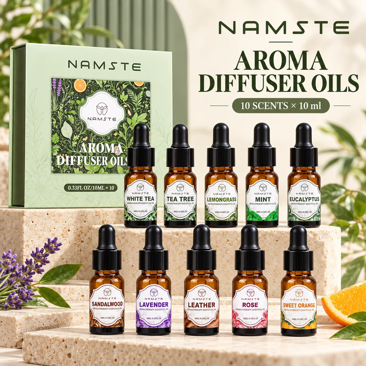 NAMSTE 10 PCS 10ML Aromatherapy Essential Oil Gift Set Lavender Jasmine Eucalyptus Leather Peppermint Sandalwood Fragrance Oils
