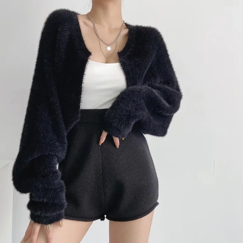 Women\'s Solid Color Knitted Cardigan Slouchy Style Cropped Mink Fleece Sweater Outer Wear Girly Casual Cropped Shawl Coat